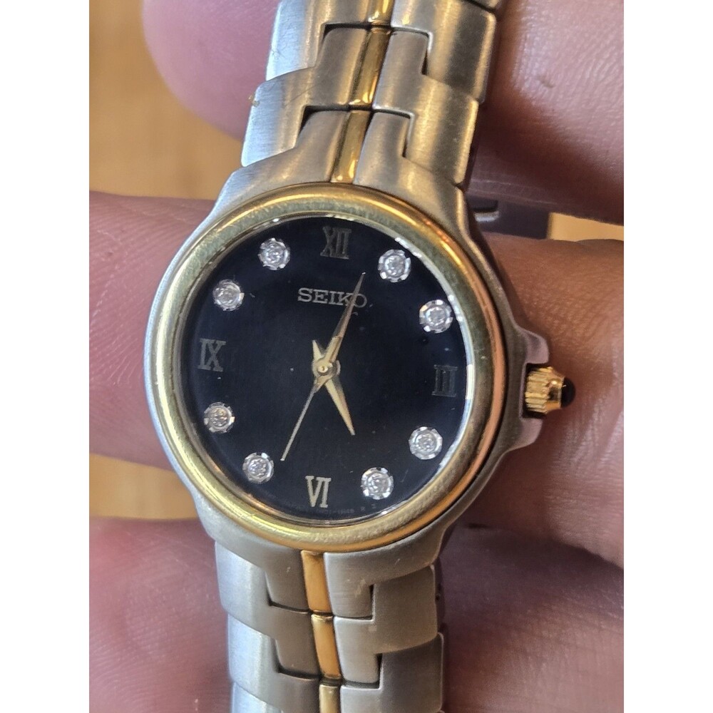 Seiko 18K Gold Capped St. Steel Diamond Black Ladies' Watch. 1N01-H966. New Bat